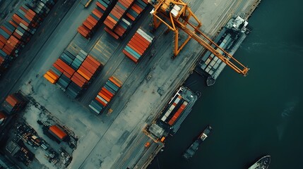 Leinwandbilder - Aerial View of Bustling Industrial Port with Shipping Containers and Towering Cranes