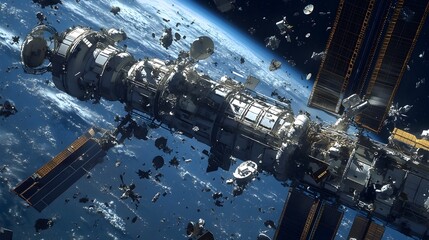 Poster - Astronauts Observing Threatening Space Debris Surrounding the International Space Station