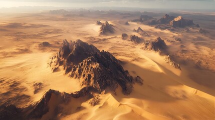 Poster - Breathtaking Drone View of Expansive Desert Landscape with Captivating Sand Dunes and Rock Formations