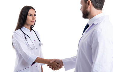 Wall Mural - medical promotion of doctor isolated on white. doctor handshake with colleague. healthcare insurance. greeting colleague with promotion in hospital. promotion deal. health insurance