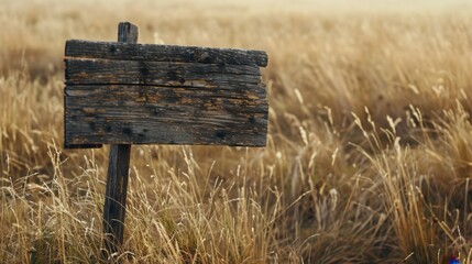 A rustic wooden sign with visible wood grain, standing in a field of tall grass, creating a sense of nostalgia.