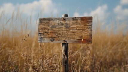 A rustic wooden sign with visible wood grain, standing in a field of tall grass, creating a sense of nostalgia.