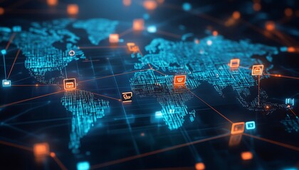 Aufkleber - Digital World Map with Online Marketplace Icons Showing Flow of Goods and Services