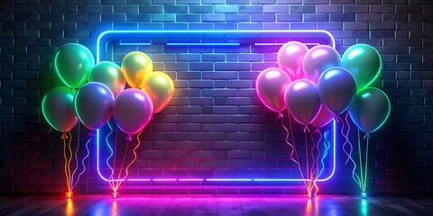 Happy birthday sign neon with glowing balloons on trendy background , Happy birthday, neon sign, balloons, custom