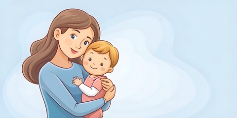 Cartoon mother cradling baby in her arms, showing bond between mom and son, mother, baby, cartoon, tenderness, love, family