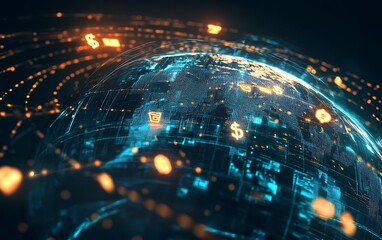 Aufkleber - Digital Globe with Currency Symbols Showing Cross-Border Transactions and E-Commerce Channels