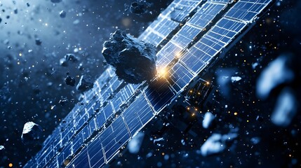 Aufkleber - Close up View of Space Debris Drifting Near Satellite Solar Panel Highlighting Potential Damage