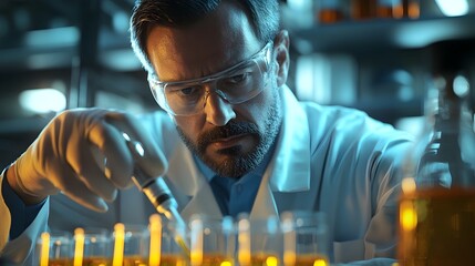 Poster - Researcher Carefully Adding Precursor to Solution in Laboratory