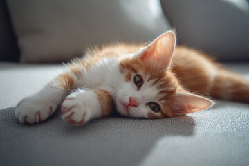 Wall Mural - Close up of a lazy kitten lying on the ground in a modern living room.