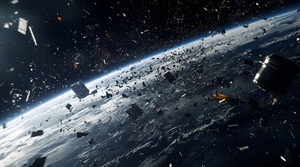 Poster - Cluttered Low Earth Orbit with Visible Planet Earth in the Distance