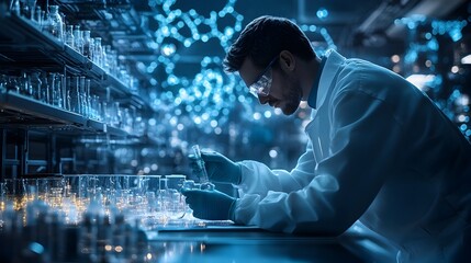 Poster - scientist investigating precursor s potential for new materials in 3d rendered laboratory