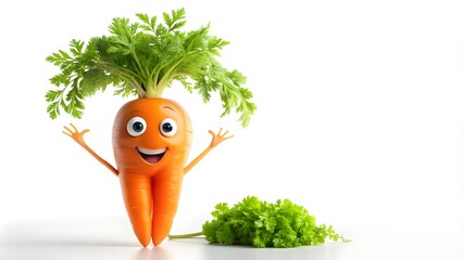 Cheerful animated carrot with leafy greens on white background, playful, vibrant, cute, vegetable, healthy, organic, character,cartoon