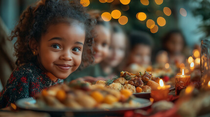 A happy family having dinner at Christmas time. Candid natural view.