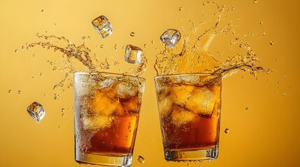 Fototapete - Dramatic Midair Collision of Two Iced Tea Glasses with Splashing Liquid and Ice Cubes