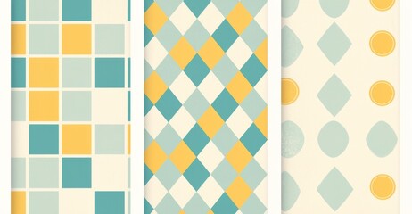 Set of 3 Seamless Patterns with Digital Grid Checkered Design in Pastel Colors: Yellow, Blue, Green, Cream, and Orange