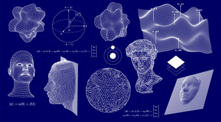 Leinwandbilder - Large set of 3D vector illustrations related to scientific technology, showing abstract figures and schematic diagrams and blueprints.