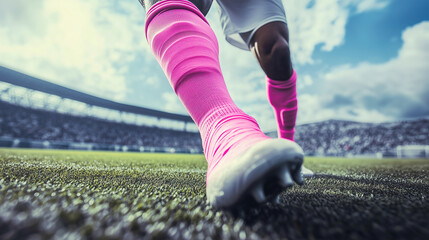 Close-up of the legs of a soccer player wearing pink thigh-high stockings to support Breast Cancer Awareness. 