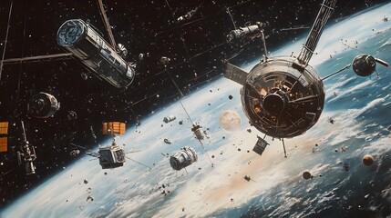 Poster - Ethereal Space Graveyard   Abandoned Satellites Adrift in Cosmic Orbit