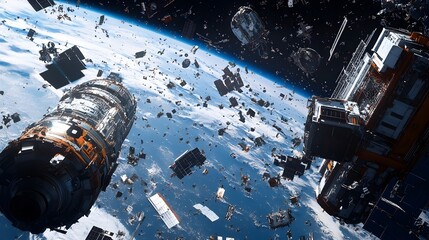 Poster - Futuristic Space Station Orbiting Earth Amidst Floating Debris in the Cosmos