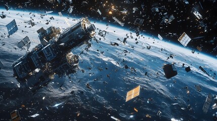 Fototapete - Futuristic Space Station Surrounded by Floating Celestial Debris with Earth s Curve Visible in the Background