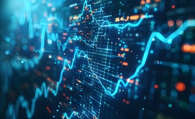 Poster - High-resolution stock market chart with dynamic lines and data points, representing financial market trends and real-time trading activity on a digital screen background.