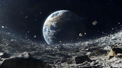 Poster - Lunar Landscape with Earth Surrounded by Space Debris