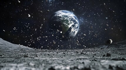Aufkleber - Lunar Landscape with Encircling Earth and Orbiting Space Debris
