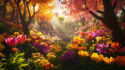 Leinwandbilder - Magical Blooming Garden with Vibrant Floral Displays and Filtered Sunlight