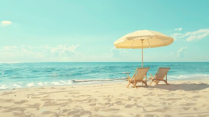 Two beach chairs with a white umbrella on a white sandy beach with a blue sea in the background.