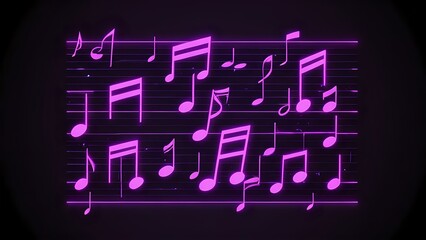 Wall Mural - Purple neon music notes on black background.