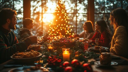 A cozy Christmas dinner with a family gathered around a beautifully decorated table, traditional holiday dishes in the center