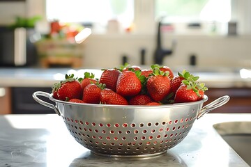 Strawberries in a colander on a kitchen countertop.