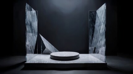 Glass sculptures with geometric forms placed together on a black table, representing abstract crystal cubism