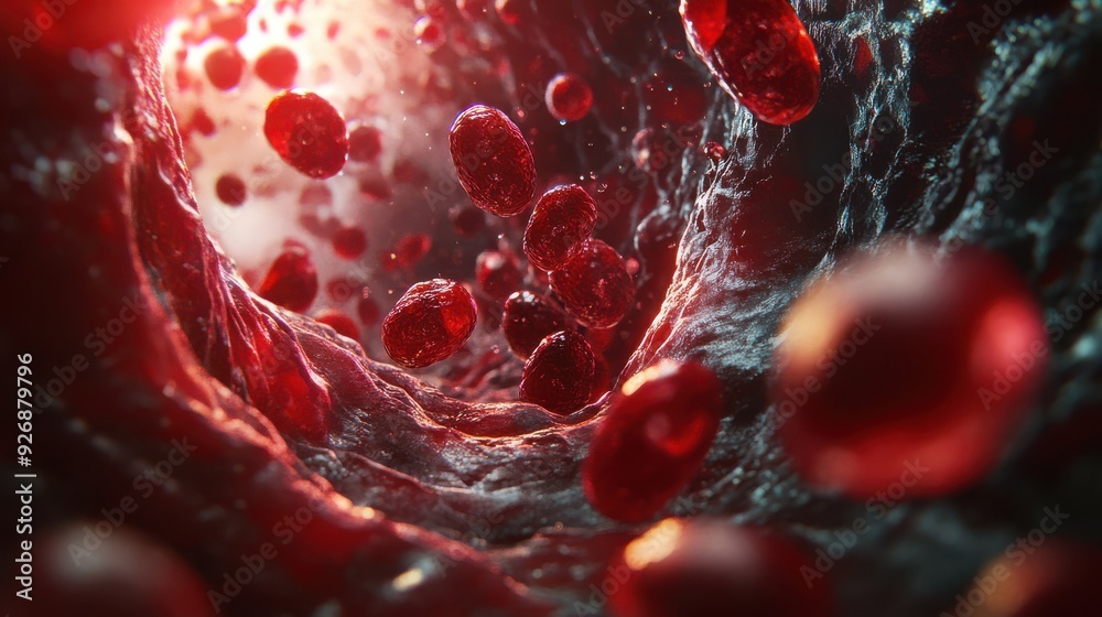 A detailed 3D illustration of red blood cells traveling through a blood ...