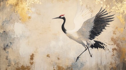 Canvas Print - japandi style oil painting featuring a japanese crane, muted beige and gold tones. 