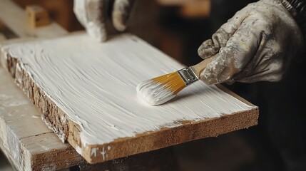 Poster - Applying white paint to wooden board with brush