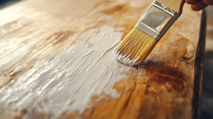 Canvas Print - Applying white paint to wooden board with brush