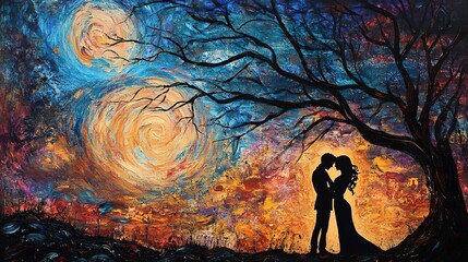 Poster - A painting of a starry night with a silhouette of a couple embracing