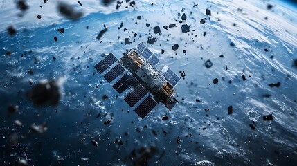 Poster - Satellite Orbiting Earth Surrounded by Drifting Space Debris and Fragments