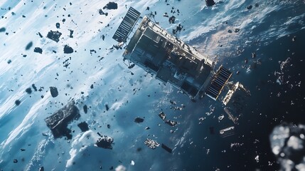 Poster - Satellite Orbiting Earth Surrounded by Floating Space Debris and Fragments