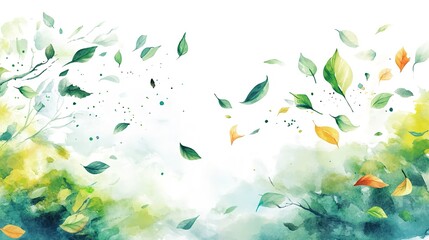 Wall Mural - A watercolor painting depicting leaves swirling and flying through the air, capturing movement and nature in motion. Banner. Copy space. Earth Day concept