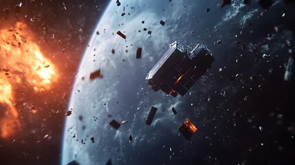 Poster - Satellite Orbiting Earth Surrounded by Floating Space Debris and Metal Fragments