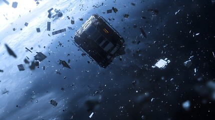Poster - Satellite Orbiting Earth Surrounded by Floating Space Debris and Metal Fragments