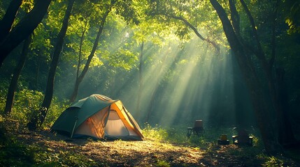 Aufkleber - Serene Forest Camping Tent Bathed in Warm Sunlight Streaming Through Verdant Foliage