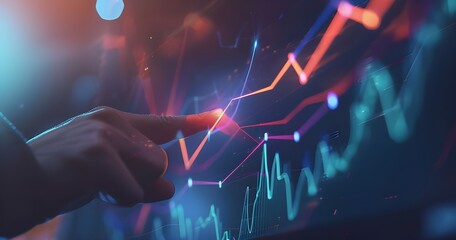 Poster - businessman touching a glowing upward arrow on a virtual screen with a business growth graph chart a