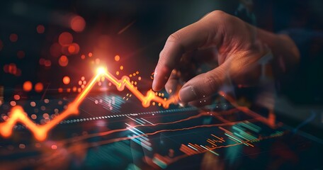 Poster - Businessman touching a glowing upward arrow on a graph line with his finger, representing rising sales and financial growth.