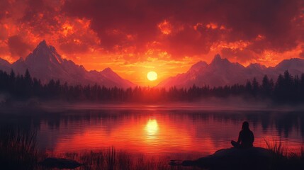 a peaceful scene of a woman gazing at a vibrant sunset with mountains in the background