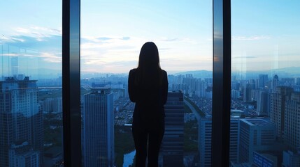 A silhouette of a person gazing out over a city skyline at dusk, capturing the essence of contemplation and urban beauty.