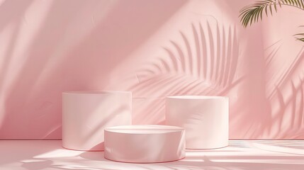 Wall Mural - Three round podiums on a light pink background with palm leaf shadows.