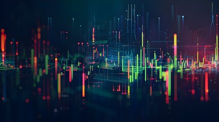 Poster - a stock market graph with candles, green and red lines on a dark blue background.